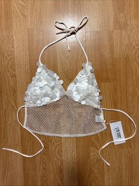White Sequin Mesh Halter Bralette